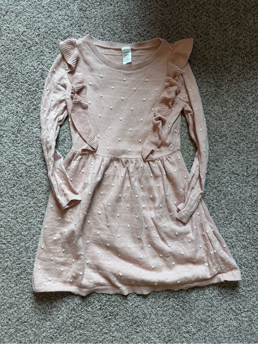 Carter's Blush Pink Knit Dress with Pearl Dots and Ruffles